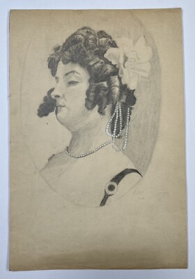 Antique Drawing Portrait Victorian Era Hairdo Signed Dated 1909 Pencil 11x7 