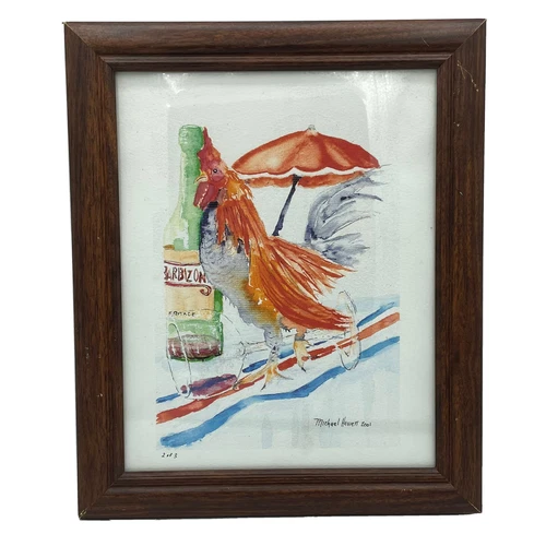Original Watercolor Painting Signed Michael Hewett 2001 Chicken Rooster Bird