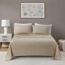 Oversized Cotton Flannel 4-Piece Beige/White Stripes Queen Sheet Set