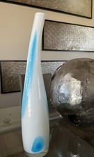Hand Blown White And Blue Azul Teal Turquoise Art Glass Vase Swoop Neck