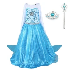 NEW Elsa Costume Princess Party Girls Dress with Crown and Wand 2-10 Y