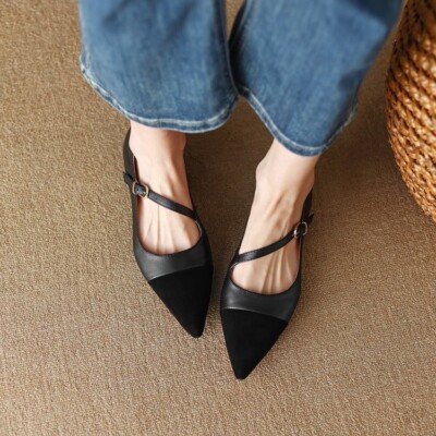 Damen Schuhe Retro Mary Jane Pointy Toe Cross Strap Comfy Flat Pump Sandals