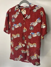 Paradise Found Hawaiian Shirt Mens Small Rayon Red Choppers Motorcycles Spring