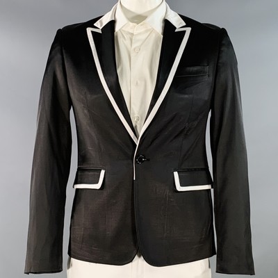RAF SIMONS Size L Black White Wool Blend Peak Lapel Contrast Trim Sport Coat