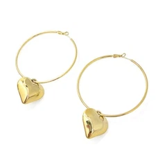Cute New Yellow Gold Fashion Jewelry Puffed Heart Charm 1.5" Round Hoop Earrings