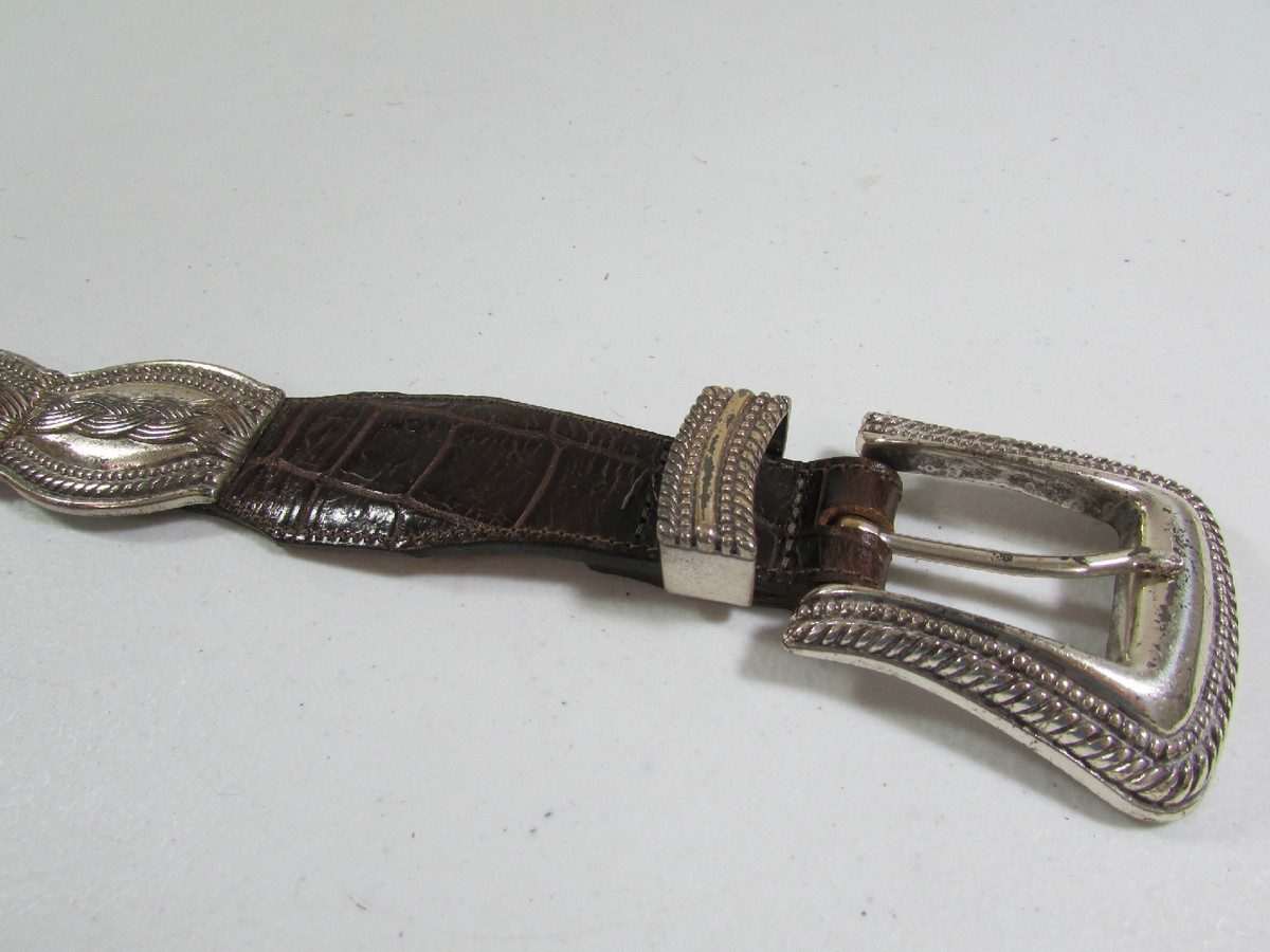 Vintage 90\'s Cowgirl Brighton Silver Metal Buckle & Leather Belt Size 36 Vintage Black Leather Brighton Tooled Silver Buckle Pressed  main image 3