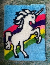 Vintage hand made unicorn rainbow latch hook hanging wall rug decor