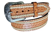 Western Cowboy Ranger Tooled Tan Leather Belt Whip Stitch Serpentine Size 40