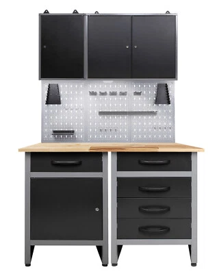 ONDIS24 Werkstatt-Set 120cm 2x Werkbank Metall 2x Werkzeugschrank Lochwand Haken mit LED