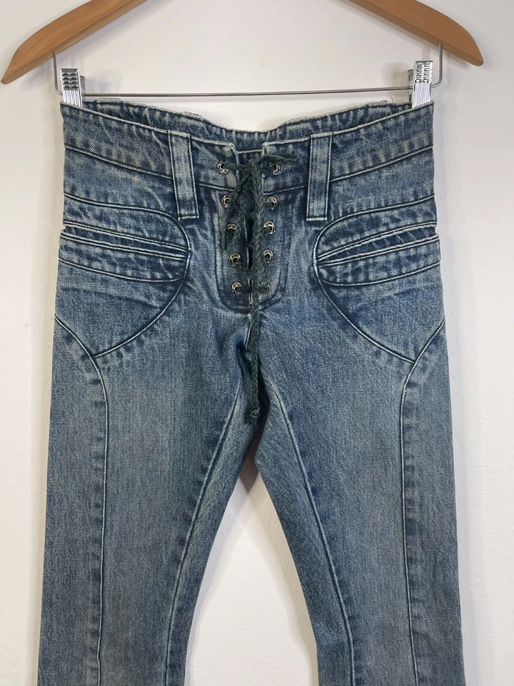 Pantalones de mezclilla Henry Duarte Mink Vox 2 vintage con cordones tiro bajo corte bootcut acampanado Y2K para mujer Foto 2 de 4