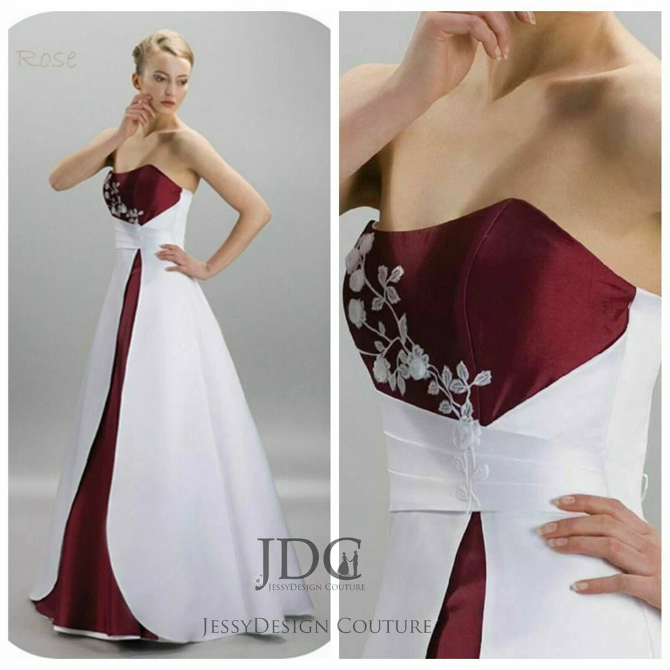 Schlicht Satin Weiß  Weinrot Brautkleid Schulterfrei Schnürt Gr.34-46 Übergröße - Bild 3 von 4