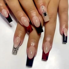 Halloween Press on Nails Long Coffin Fake Nails Tips with Adhesive Spider-2