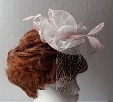 Elegant Fascinator White  Pink Flower Net Hat w Small Veil  Clip-on F-N. IA 