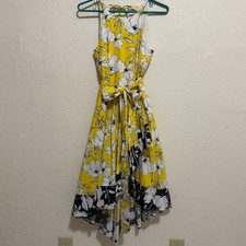 Eliza J Lora Ruffle Yellow Floral Halter High Low Midi Dress Navy White Size 2