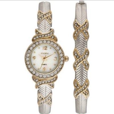 Elgin Women's Watch And Bangle Set, Two Tone Crystal Inlay MOP Dial EG9026ST