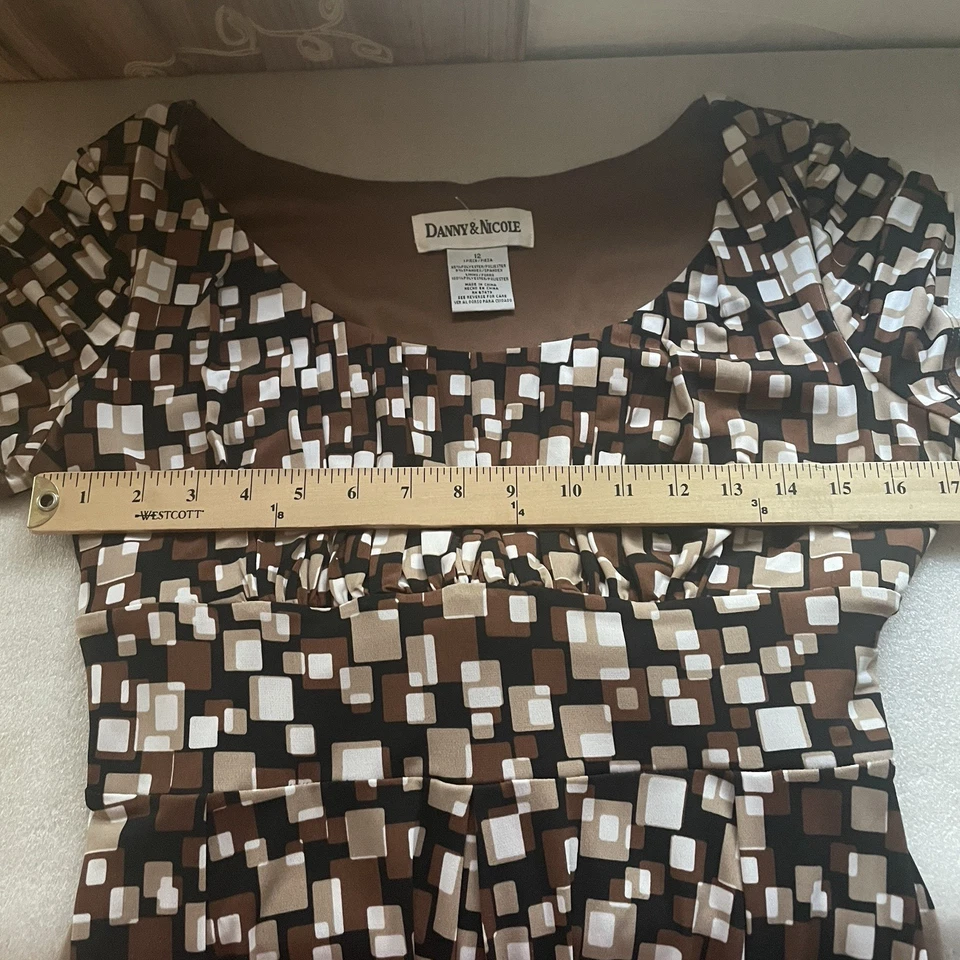 Vestido Vintage Y2K Danny Nicole Mujer 12 Marrón Geométrico Plisado Espalda Corbata Elástica Foto 4 de 4
