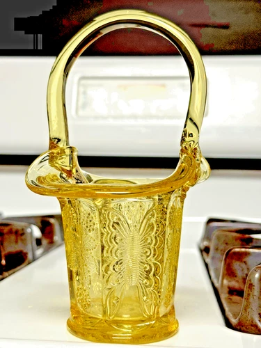Fenton Glass Basket Yellow Golden Butterflies & Berries a Scratch on Bottom 7"