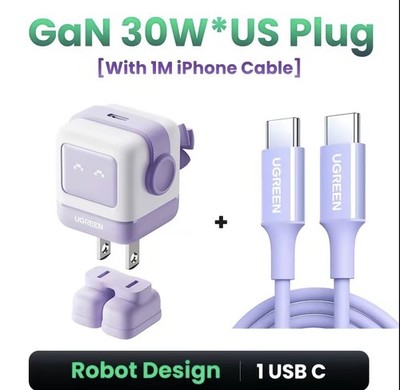 UGREEN Uno 30W USB C Charger Compact Robot GaN purple. With 100W 3.3 FT C2C cabl