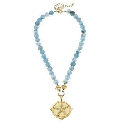 Susan Shaw Gold Starfish on Aqua Fire Agate Beaded Necklace 24kt TGP $184 New!