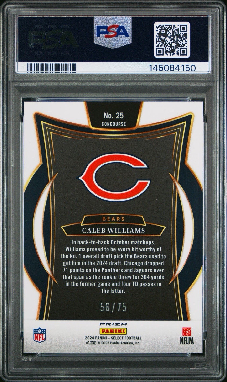 Caleb Williams 2024 Panini Select Concourse Purple Prizm Rookie 58/75 PSA 9 view 2