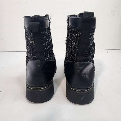 H&K Black Tweed Combat Boots Womens Size 9 Faux Leather Lace Up Side Zip Lug Sol - Picture 4 of 8