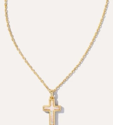 Kendra Scott Cross Gold Pendant Necklace in White Lab Grown Opal