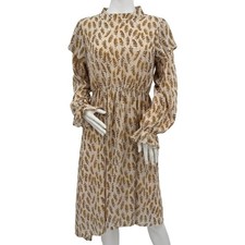 MIKAROSE Beige Leaf Print Long Sleeve High Neck Midi Dress Medium Fall Modest