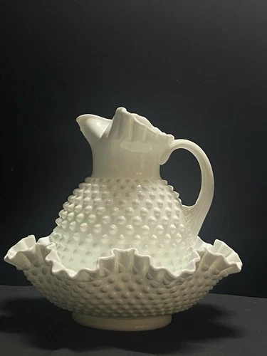 Vintage Fenton Hobnail White Milk Glass Large Bowl and Pitcher Set