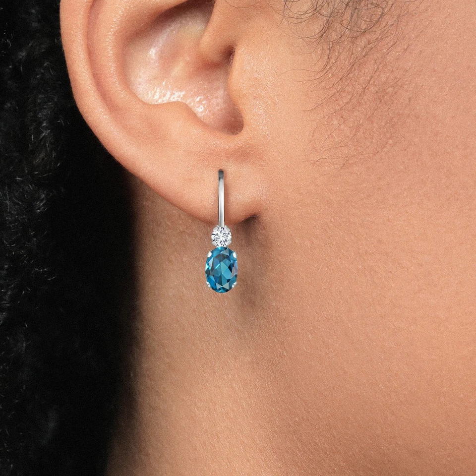 14K White Gold London Blue Topaz and Diamond Leverback Earrings For Women | - Image 2 of 4