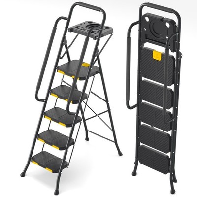 5 Step Ladder, Sturdy Steel Step Stool with Anti-Slip Wide Pedals, Handrail, ...