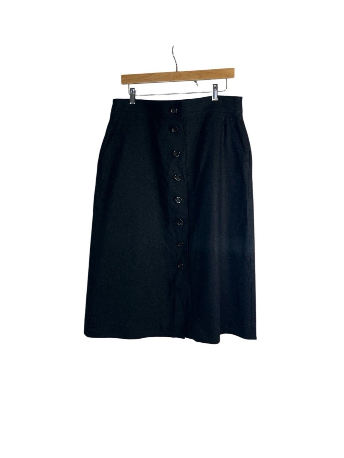 ANN TAYLOR Midi Skirt Black Button Front Linen Blend Petite 12P Casual Office