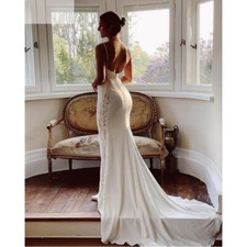 White Satin Mermaid Wedding Dresses Small Tail Spaghetti Straps Bridal Gowns