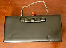 Vintage After Five Clutch Bow Black Leather Purse Evening Handbag Chain Handle-