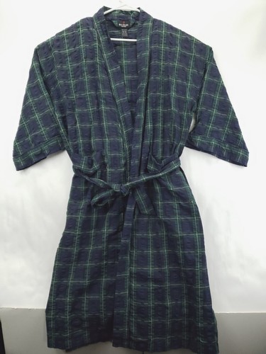 Bill Blass Robe Mens One Size Blue Green Plaid 100% Cotton Tie Waist Sleepwear