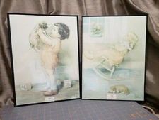 Bessie Pease Gutmann Glass Framed Prints Pair "Mine" "The Lullabye" child puppy