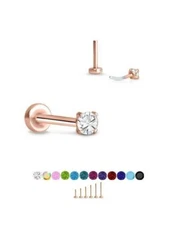 Threadless Labret Nose Ring Monroe Push Pin Rose Gold Steel 1.5mm Prong CZ