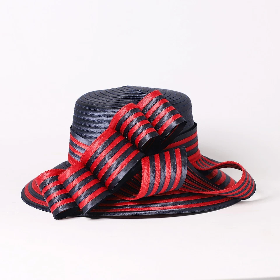 Chapéu Fedora Derby Boater azul marinho aba grande listra cetim fascinadores chapéus femininos - Imagem 2 de 4