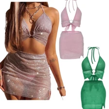 Womens Two-piece Set Glitter Shiny Lace-up Halter Camisole Crop Top+ Mini Skirts