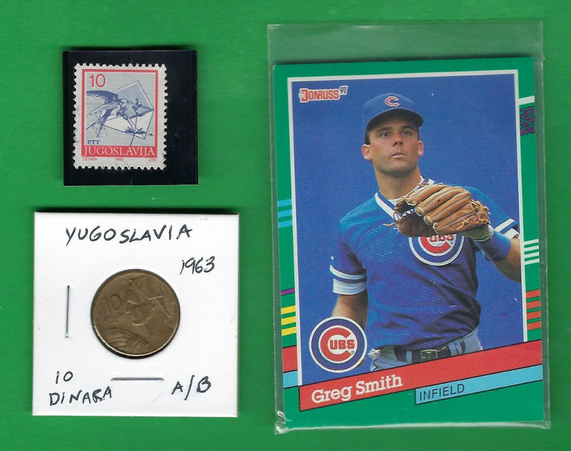 YUGOSLAVIA 10 DINARA 1963 COIN (V FINE) & STAMP ~ LOT # 106 (*-*) + SPORTS CARD