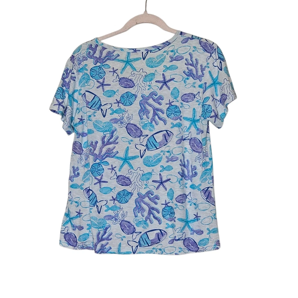 Fresh Produce Women's S/M Blue Sea Life Print V Neck Short Sleeve Top Cotton USA - Image 2 of 4