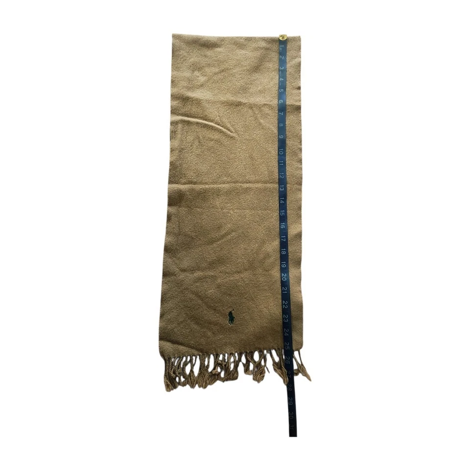 De Colección Polo Ralph Lauren 100% Lana de Cordero Bufanda Bronceado Camel Flecos Hecho en Escocia  Foto 4 de 4