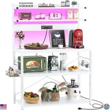 Bakers Rack with Power Outlet, 5-Tier Microwave Stand & LED Lights, White