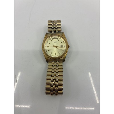 Pulsar Mens Watch V744-X004 Gold Tone Day Date Champagne Dial Speidel Band