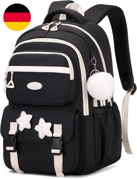 Amythe Schulrucksack MäDchen, Leichter Schulranzen 3.-5. Klasse, Schwarz-image