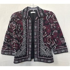 Coldwater Creek Artsy Boho Boxy Paisley Open Front Blazer 4 Black Cotton 3/4 Slv