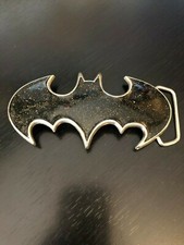Batman Logo Image Belt Buckle Enameled Black with Gold Glitter Silver Tone Metal