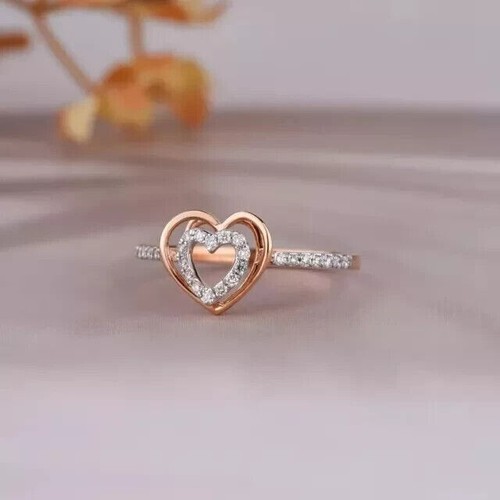 Round Cut Simulated Diamond Pretty Heart Shape Band Ring In 14k Rose Gold Plated - Picture 6 of 6