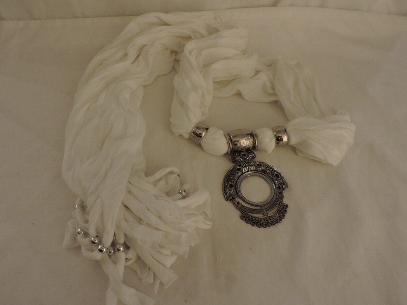 Scarf Wrap Neck Decoration White with Silver Metal Medallion and Décor NEW