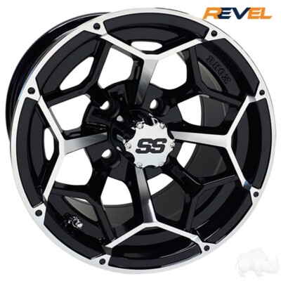 RHOX 12'' Machined & Gloss Black Golf Cart Wheels RX382 - Set of 4, 12x7, ET -25