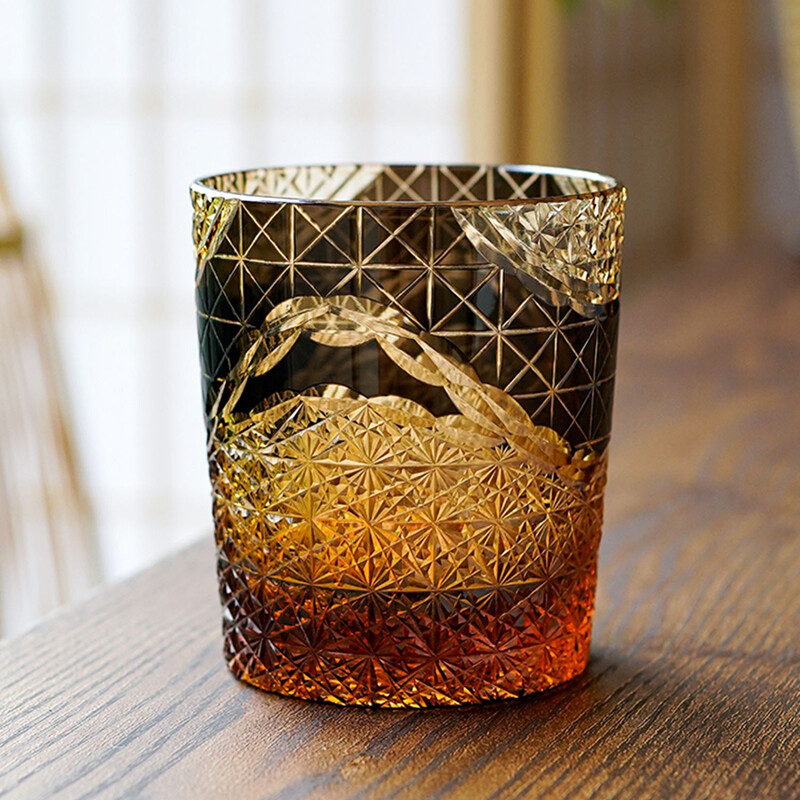 J38 Edo Kiriko Engraving Drinking Glass 9Ounces Amber Black Crystal Whisky Glass-image